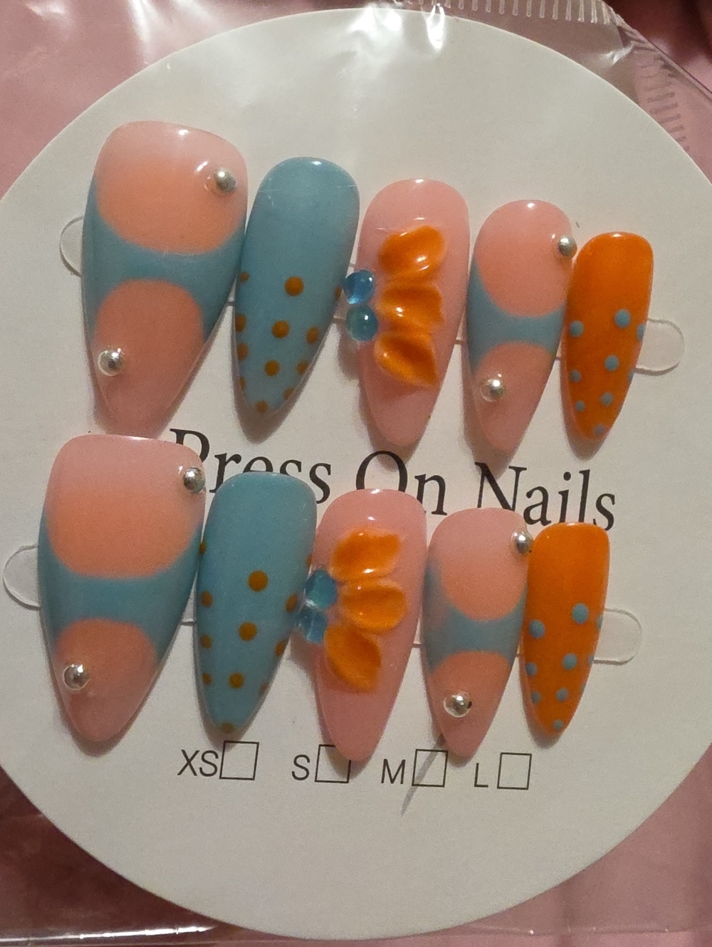 Press On Nails - Pink Blue Orange Floral Accent Set